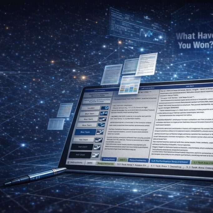 Digital interface with floating windows over a laptop in a futuristic data environment.